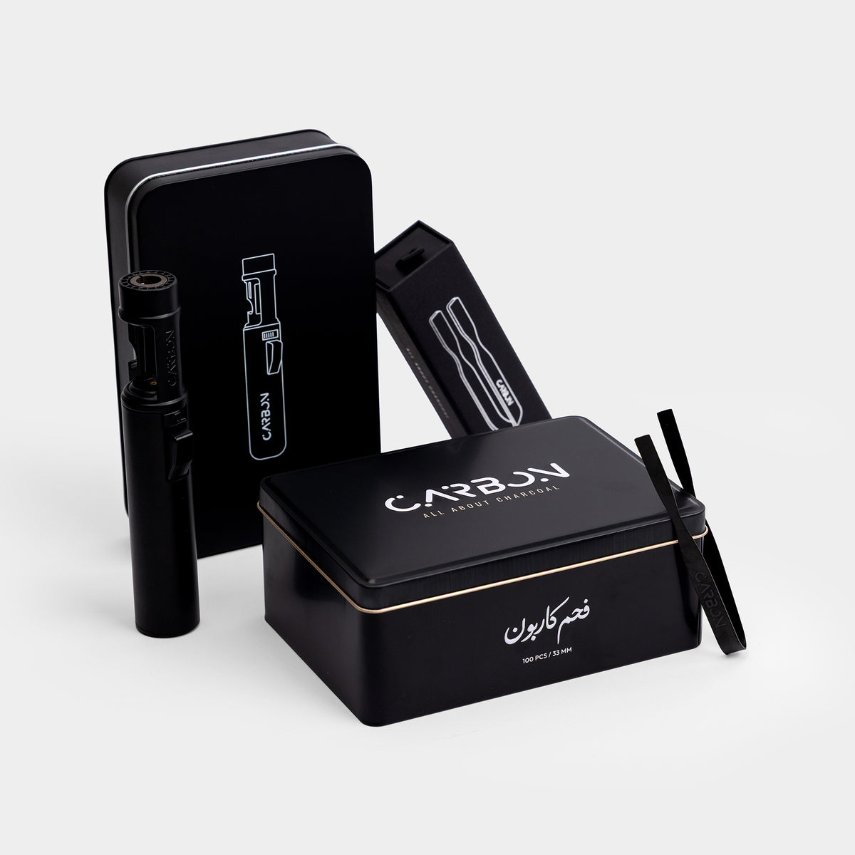Carbon Starter Bundle: Ignis lighter, Grip tongs and a Classic charcoal tin