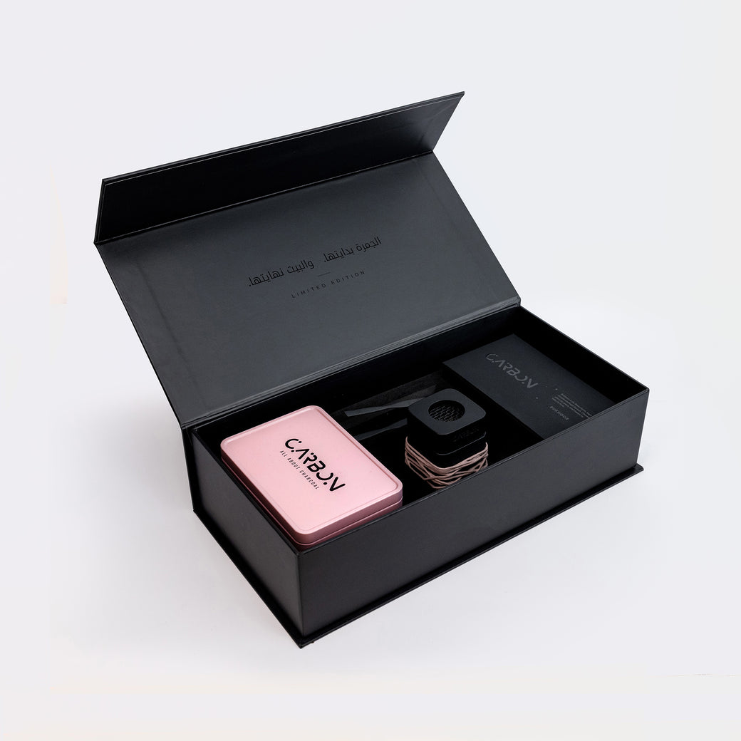 Open Carbon x Farah Home gift box, three-quarter view